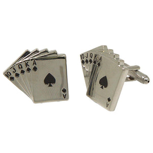 Silvertone Novelty Royal Flush Poker Cards Cufflinks with Jewelry Box - Ferrecci USA 
