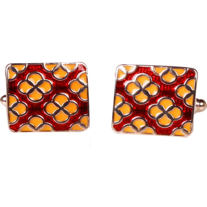 Silvertone Red Geometric Pattern Cufflinks with Jewelry Box - Ferrecci USA 