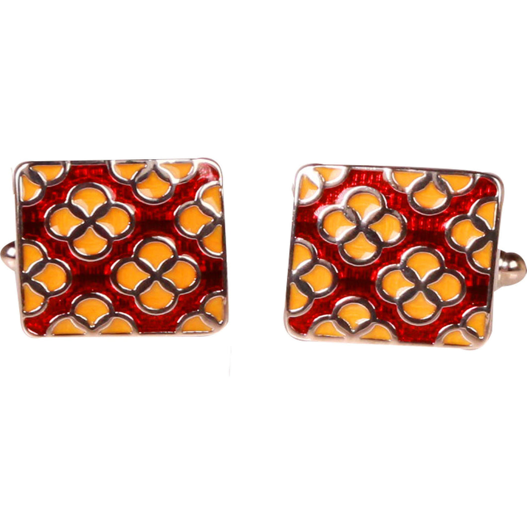 Silvertone Red Geometric Pattern Cufflinks with Jewelry Box - Ferrecci USA 