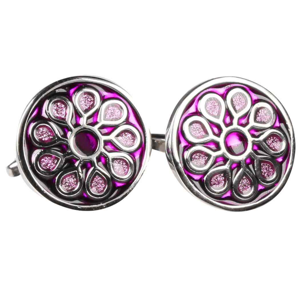 Silvertone Circle Purple Geometric Pattern Cufflinks with Jewelry Box - Ferrecci USA 