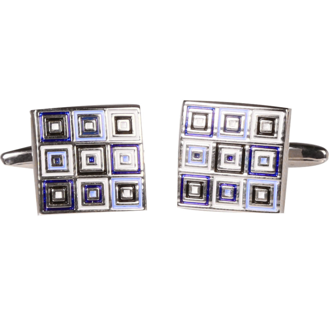Silvertone Square Geometric Pattern Cufflinks with Jewelry Box - Ferrecci USA 