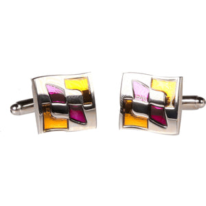 Silvertone Square Gold Purple Pattern Cufflinks with Jewelry Box - Ferrecci USA 