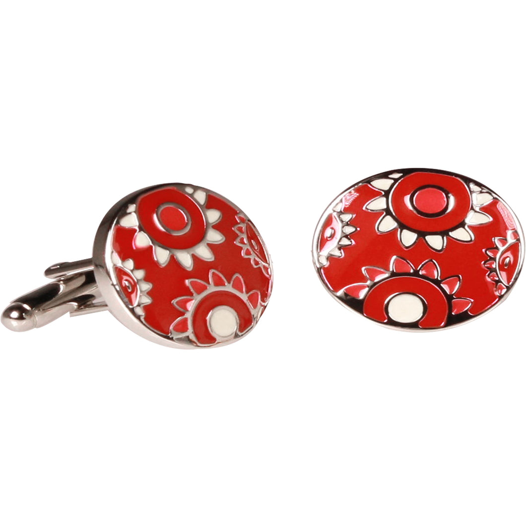 Silvertone Circle Red Geometric Cufflinks with Jewelry Box - Ferrecci USA 