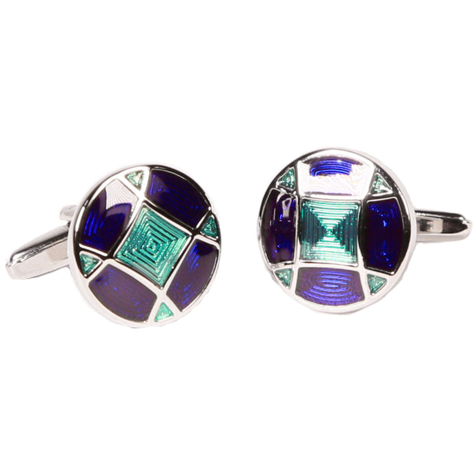 Silvertone Circle Blue Geometric Cufflinks with Jewelry Box - Ferrecci USA 