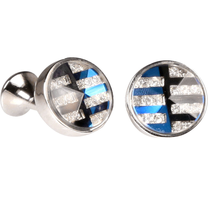 Silvertone Silver and Blue Pattern Cufflinks with Jewelry Box - Ferrecci USA 