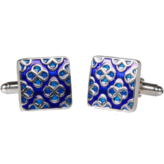 Silvertone Square Blue Geometric Pattern Cufflinks with Jewelry Box - Ferrecci USA 