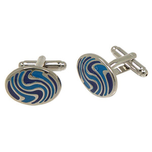 Silvertone Circle Blue Geometric Cufflinks with Jewelry Box - Ferrecci USA 