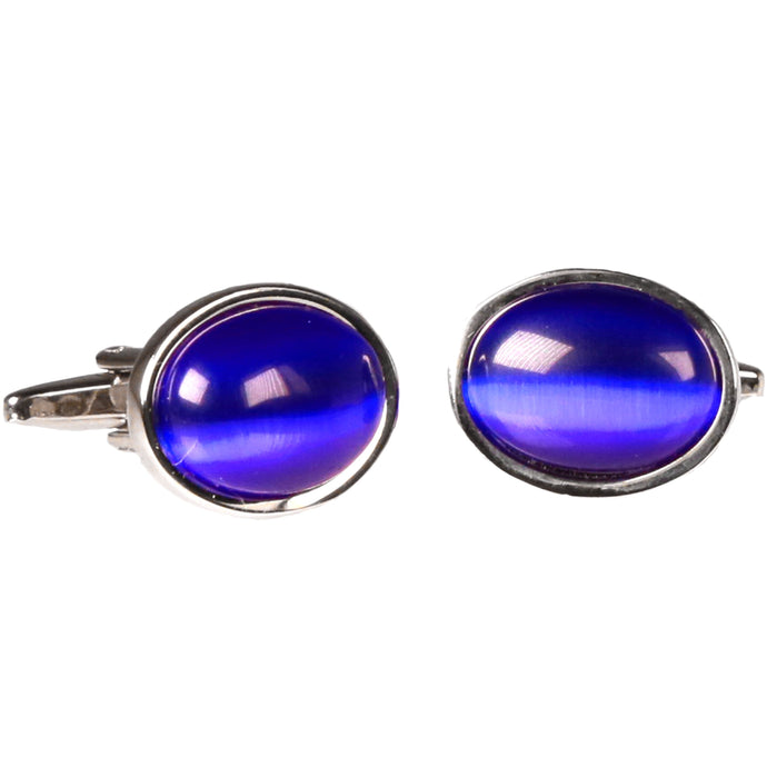 Silvertone Circle Blue Gemstone Cufflinks with Jewelry Box - Ferrecci USA 