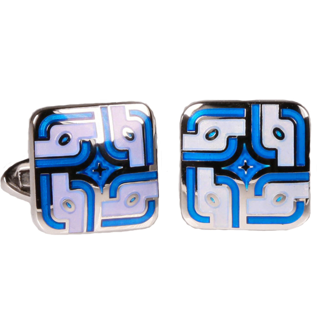 Silvertone Square Blue Pattern Cufflinks with Jewelry Box - Ferrecci USA 