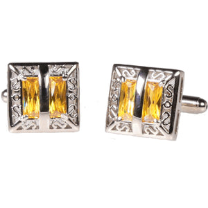 Silvertone Square Yellow Gemstone Cufflinks with Jewelry Box - Ferrecci USA 
