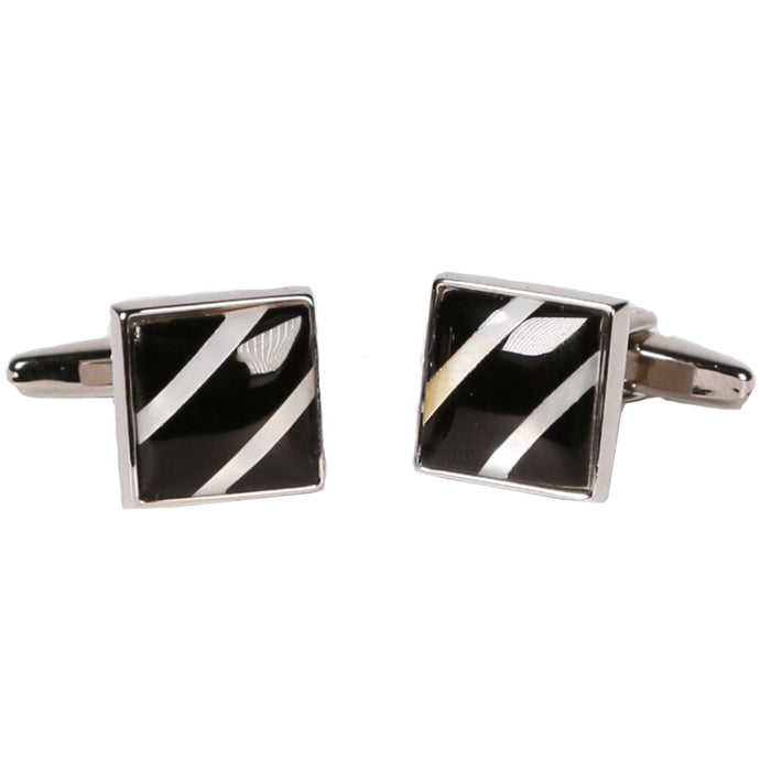 Silvertone Square Black Stripe Cufflinks with Jewelry Box - Ferrecci USA 