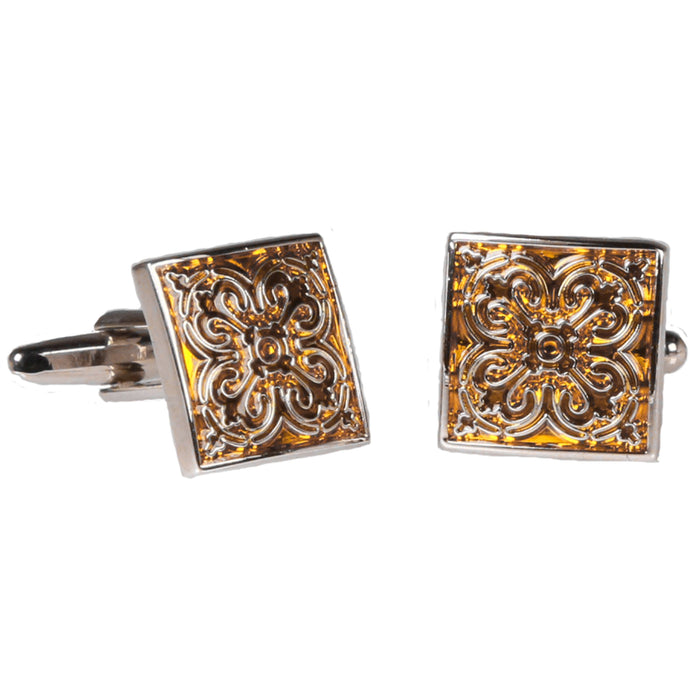 Silvertone Square Geometric Pattern Cufflinks with Jewelry Box - Ferrecci USA 