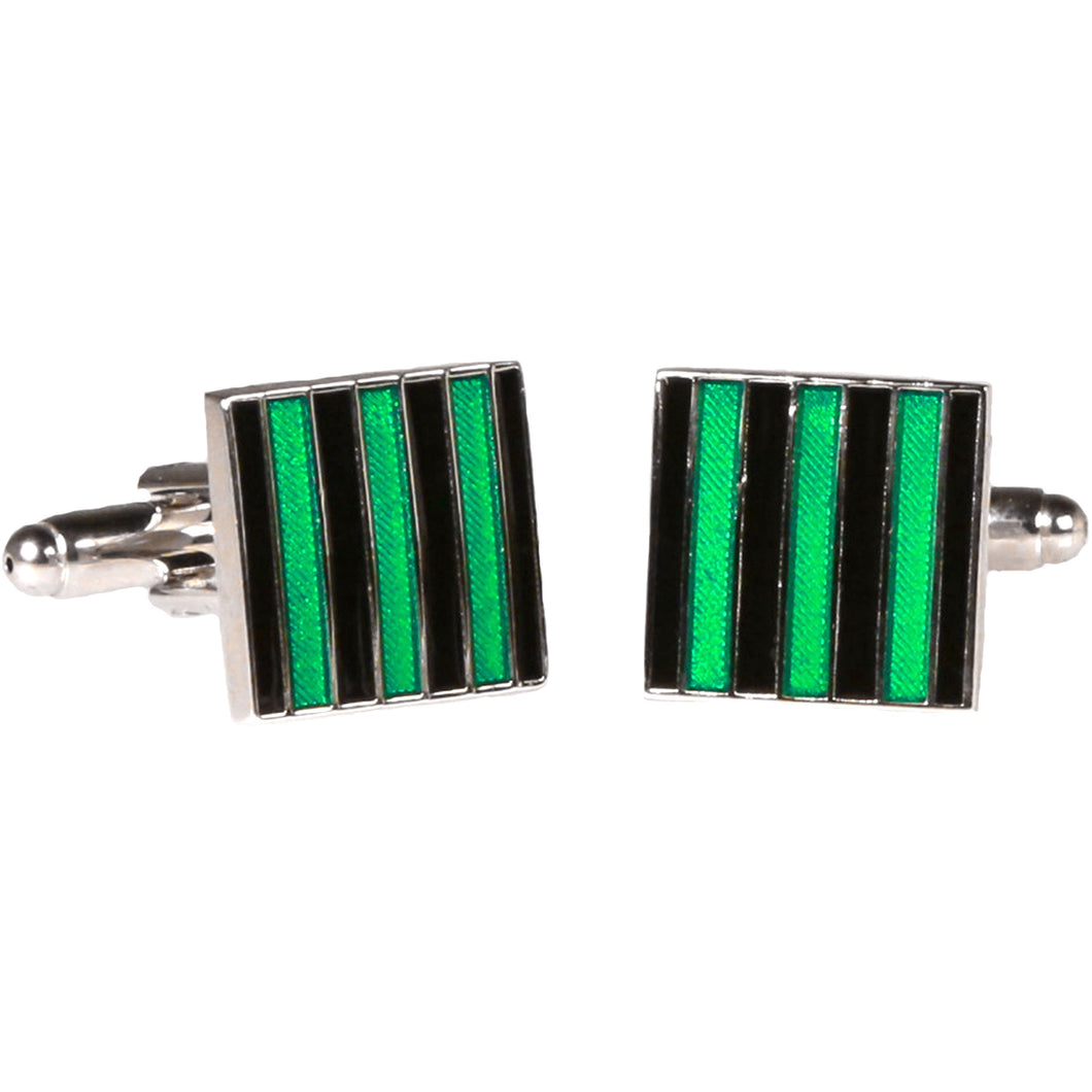 Silvertone Square Green Stripe Cufflinks with Jewelry Box - Ferrecci USA 