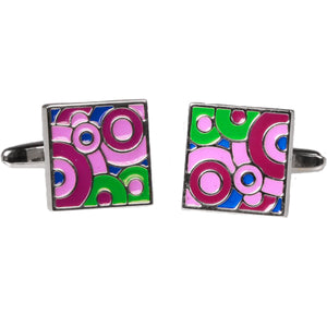 Silvertone Square Pink/Purple Geometric Circles Cufflinks with Jewelry Box - Ferrecci USA 