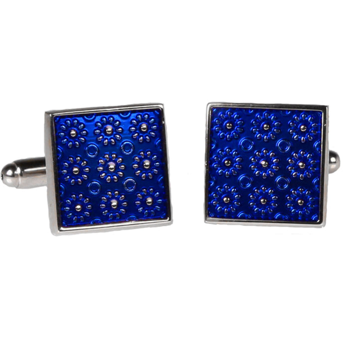 Silvertone Square Blue Geometric Cufflinks with Jewelry Box - Ferrecci USA 