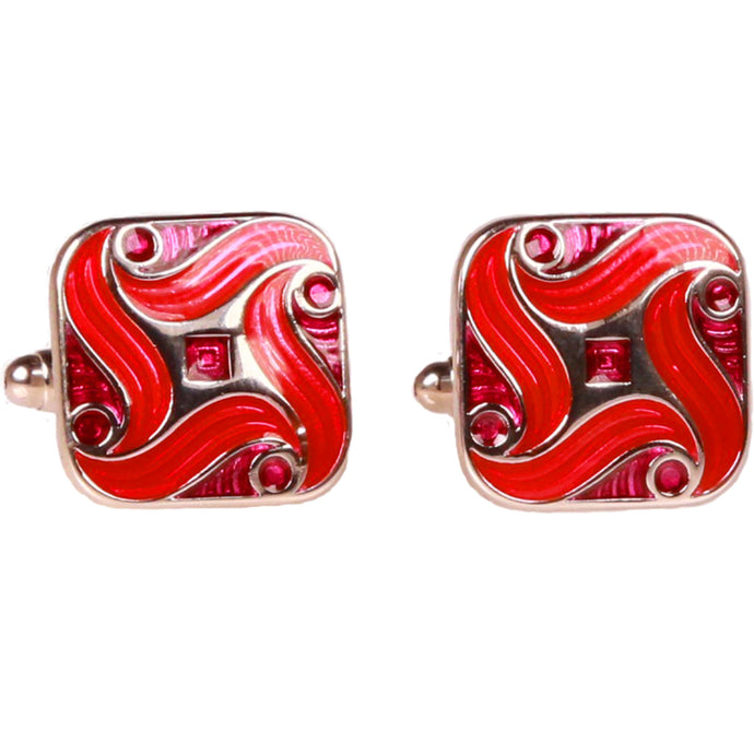 Silvertone Square Red Geometric Pattern Cufflinks with Jewelry Box - Ferrecci USA 