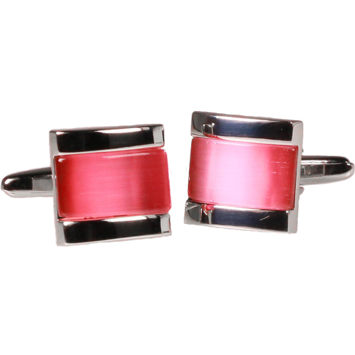 Silvertone Square Pink Gem Stone Cufflinks with Jewelry Box - Ferrecci USA 