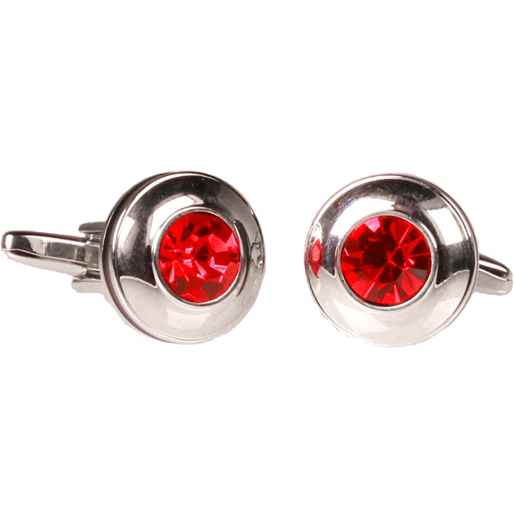 Silvertone Circle Red Stone Cufflinks with Jewelry Box - Ferrecci USA 