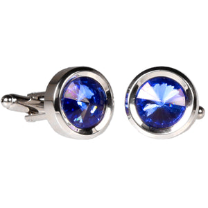 Silvertone Circle Blue Gemstone Cufflinks with Jewelry Box - Ferrecci USA 