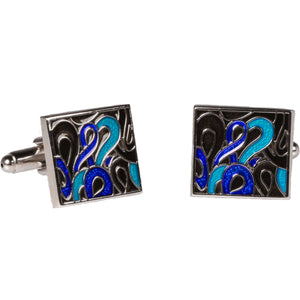 Silvertone Square Blue Geometric Pattern Cufflinks with Jewelry Box - Ferrecci USA 