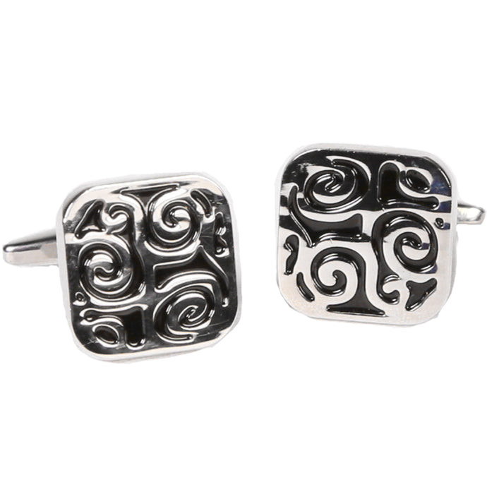 Silvertone Square Black Pattern Cufflinks with Jewelry Box - Ferrecci USA 