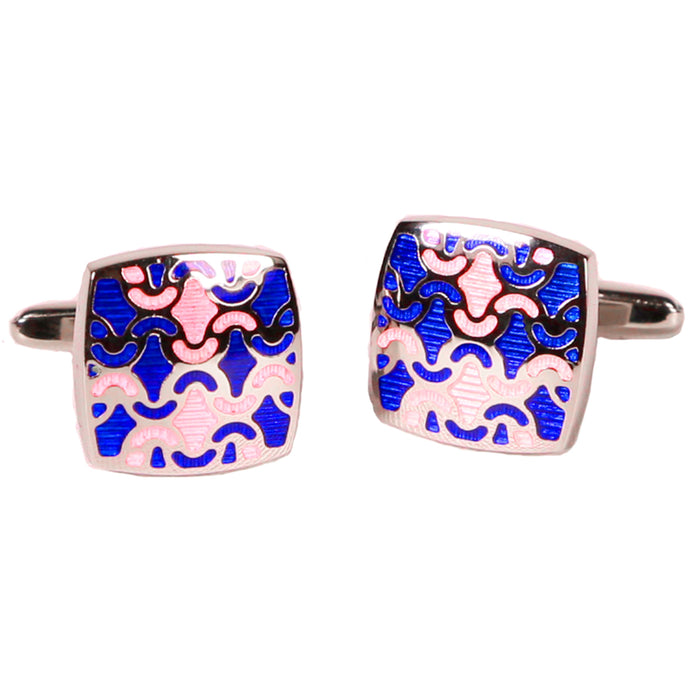 Silvertone Blue/Orange Geometric Pattern Cufflinks with Jewelry Box - Ferrecci USA 