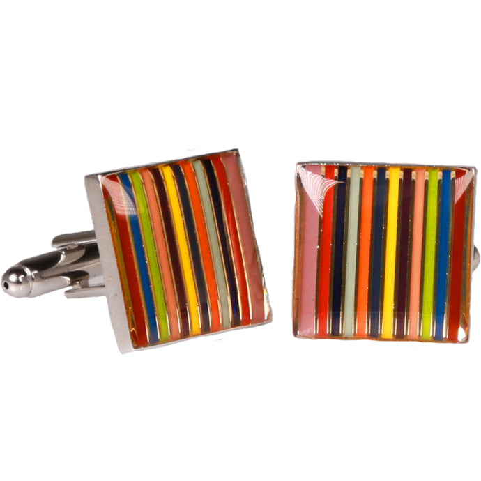 Silvertone Square Multicolor Stripe Cufflinks with Jewelry Box - Ferrecci USA 