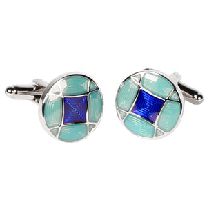 Silvertone Circle Blue Gemstone Cufflinks with Jewelry Box - Ferrecci USA 