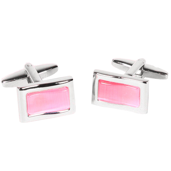 Silvertone Rectangle Pink Gemstone Cufflinks with Jewelry Box - Ferrecci USA 