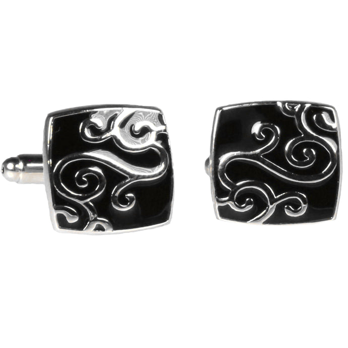 Silvertone Square Black Gold Pattern Cufflinks with Jewelry Box - Ferrecci USA 