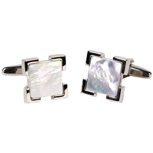 Silvertone Square Blue Pearlized Gemstone Cufflinks with Jewelry Box - Ferrecci USA 