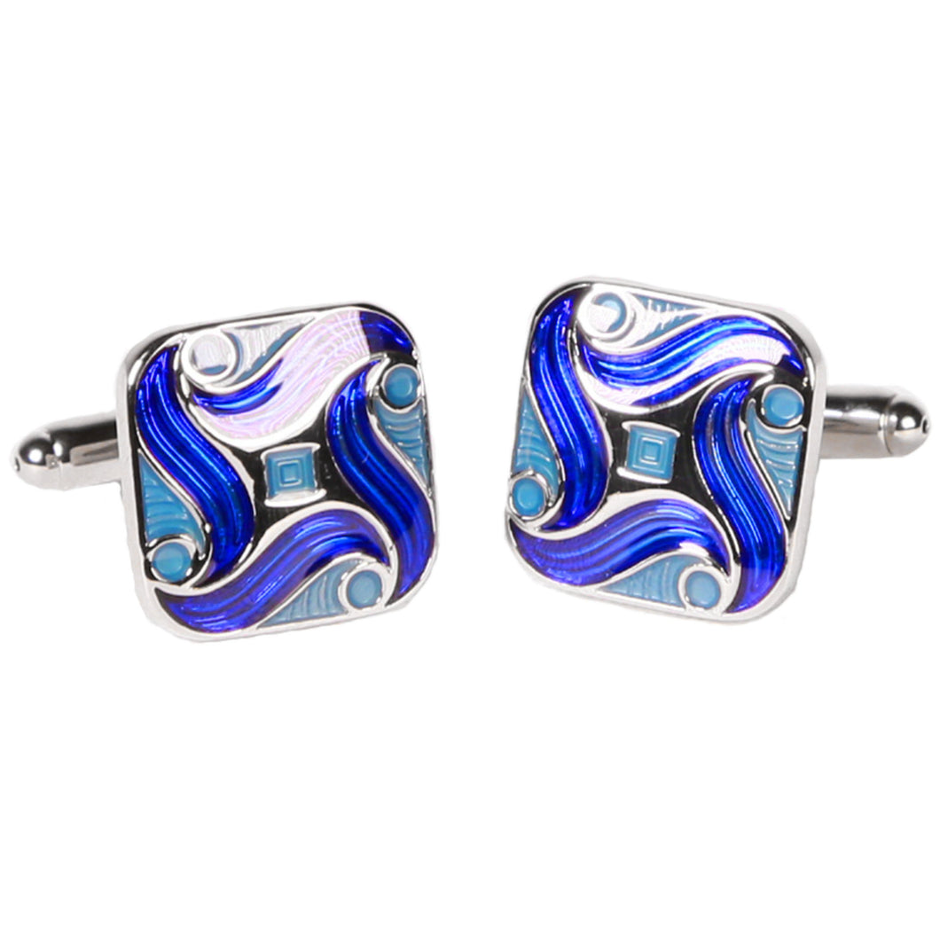 Silvertone Square Blue Swirl Geometric Pattern Cufflinks with Jewelry Box - Ferrecci USA 