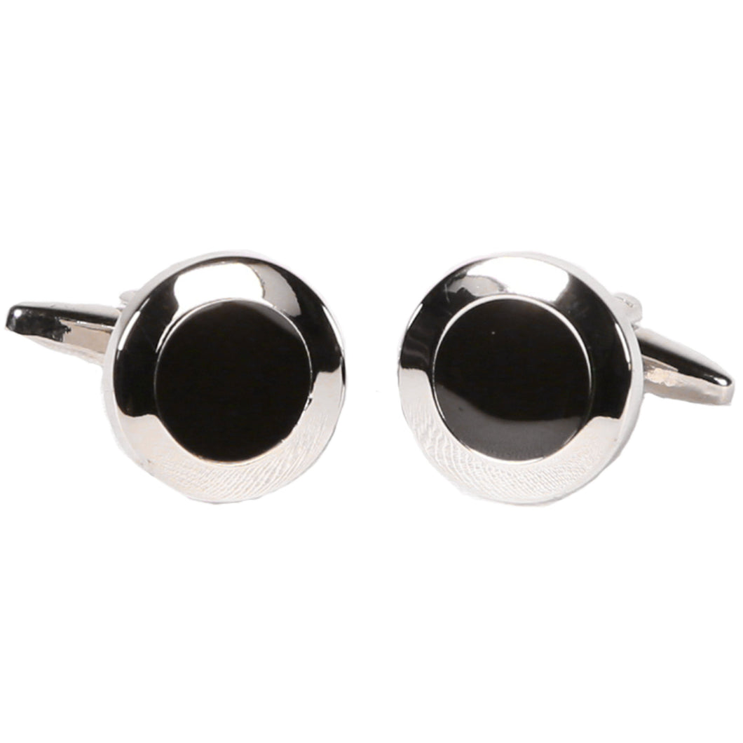 Silvertone Circle Black Silver Cufflinks with Jewelry Box - Ferrecci USA 