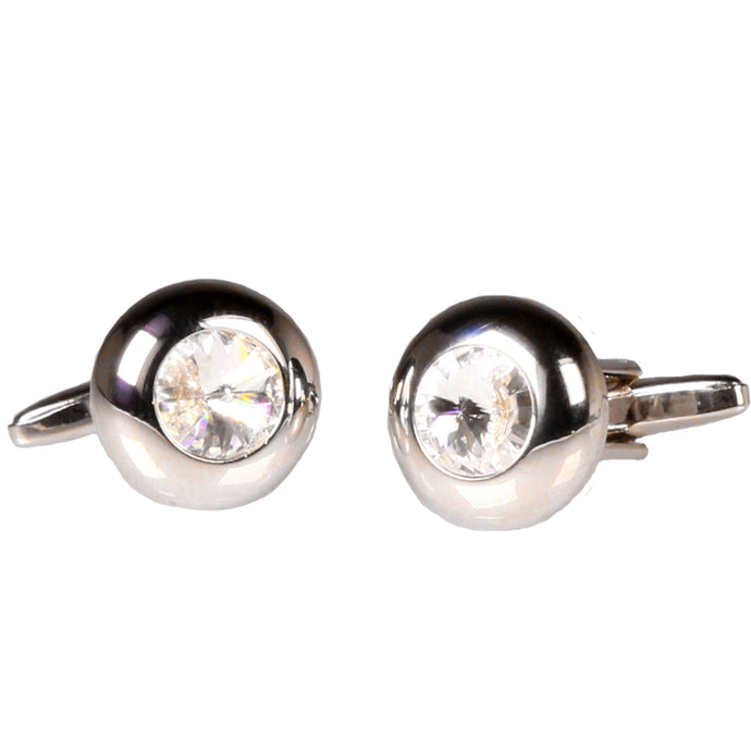 Silvertone Circle Silver Stone Cufflinks with Jewelry Box - Ferrecci USA 