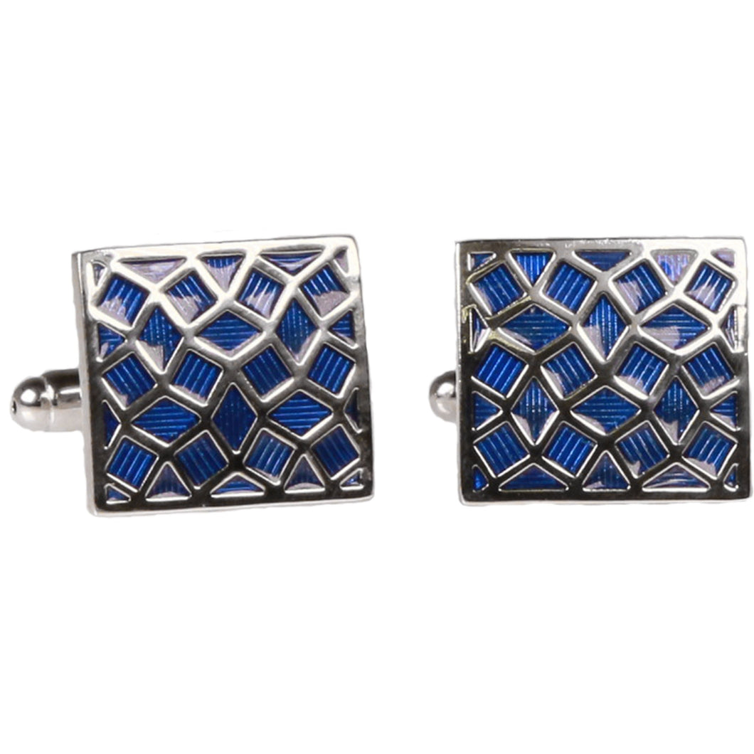 Silvertone Square Blue Geometric Pattern Cufflinks with Jewelry Box - Ferrecci USA 