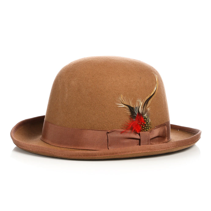 Premium Wool Tan Derby Bowler Hat - Ferrecci USA 