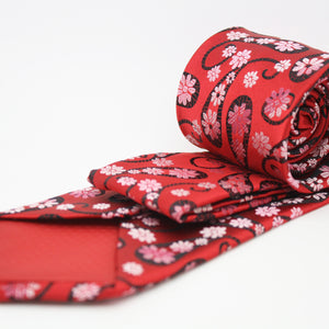 Mens Dads Classic Red Floral Pattern Business Casual Necktie & Hanky Set DF-4 - Ferrecci USA 