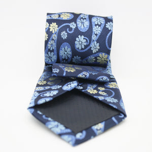 Mens Dads Classic Navy Floral Pattern Business Casual Necktie & Hanky Set DF-5 - Ferrecci USA 