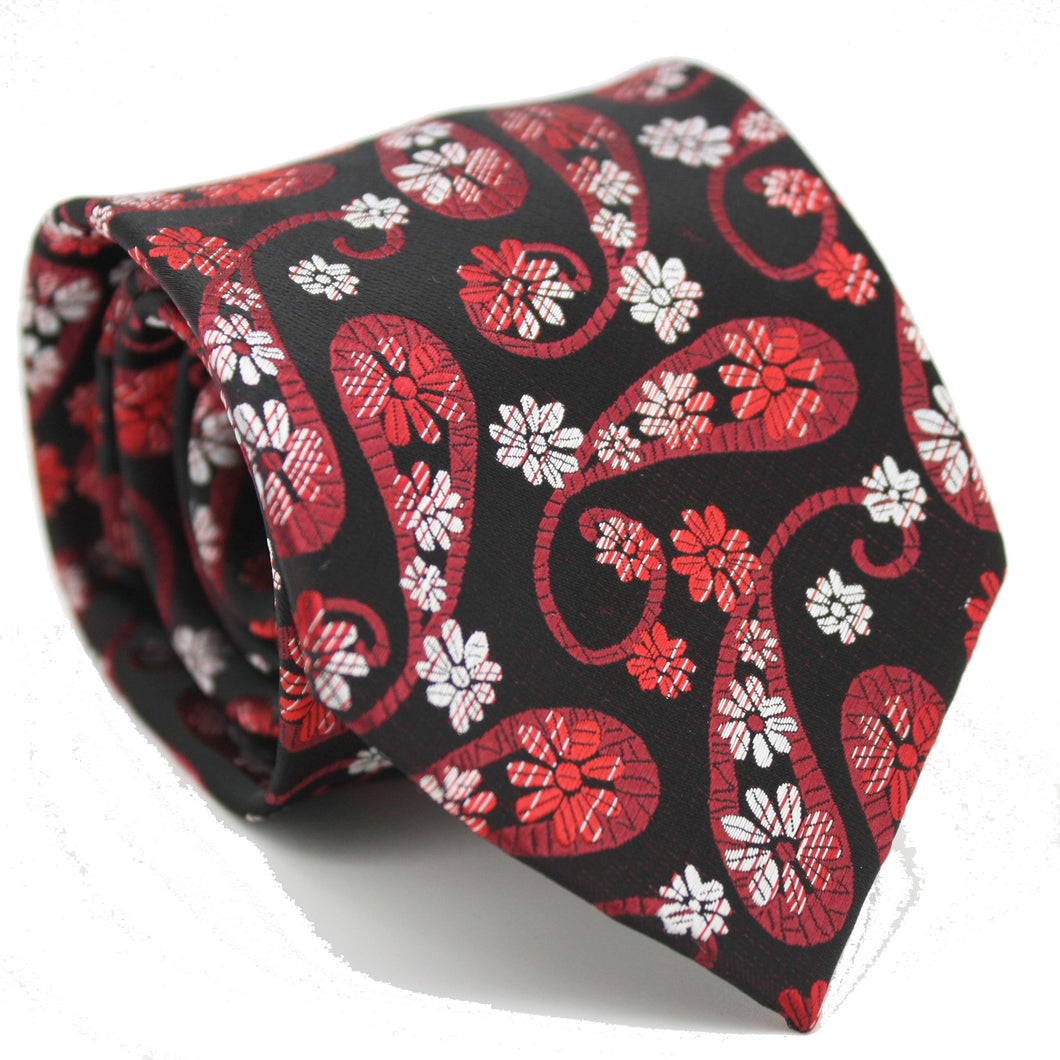 Mens Dads Classic Red Floral Pattern Business Casual Necktie & Hanky Set DF-7 - Ferrecci USA 