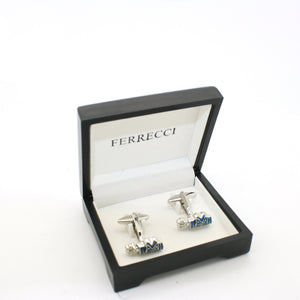 Silvertone Blue Wave Cuff Links With Jewelry Box - Ferrecci USA 