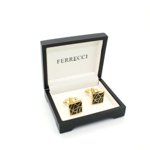 Goldtone Black Crackle Cuff Links With Jewelry Box - Ferrecci USA 