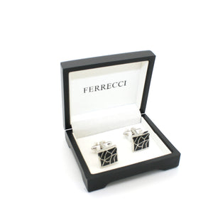 Silvertone Black Crackle Cuff Links With Jewelry Box - Ferrecci USA 