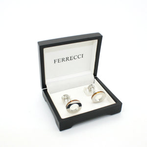 Silvertone Round Gold Lining Rectangle Cuff Links With Jewelry Box - Ferrecci USA 