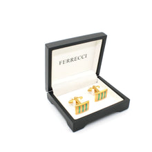 Load image into Gallery viewer, Goldtone Mint &amp; Pink Stripe Cuff Links With Jewelry Box - Ferrecci USA 
