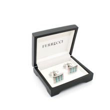 Load image into Gallery viewer, Silvertone Mint &amp; Pink Stripe Cuff Links With Jewelry Box - Ferrecci USA 

