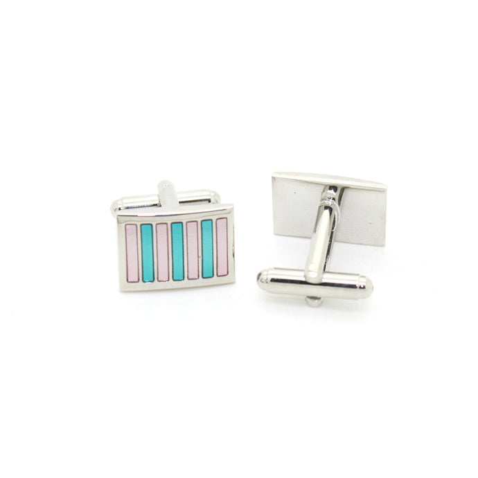 Silvertone Mint & Pink Stripe Cuff Links With Jewelry Box - Ferrecci USA 