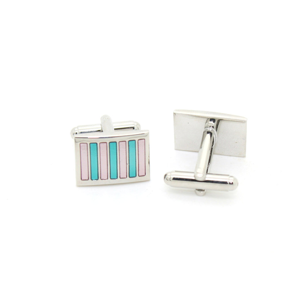 Silvertone Mint & Pink Stripe Cuff Links With Jewelry Box - Ferrecci USA 