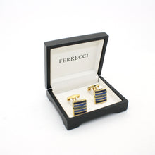 Load image into Gallery viewer, Goldtone Blue Stripe Cuff Links With Jewelry Box - Ferrecci USA 
