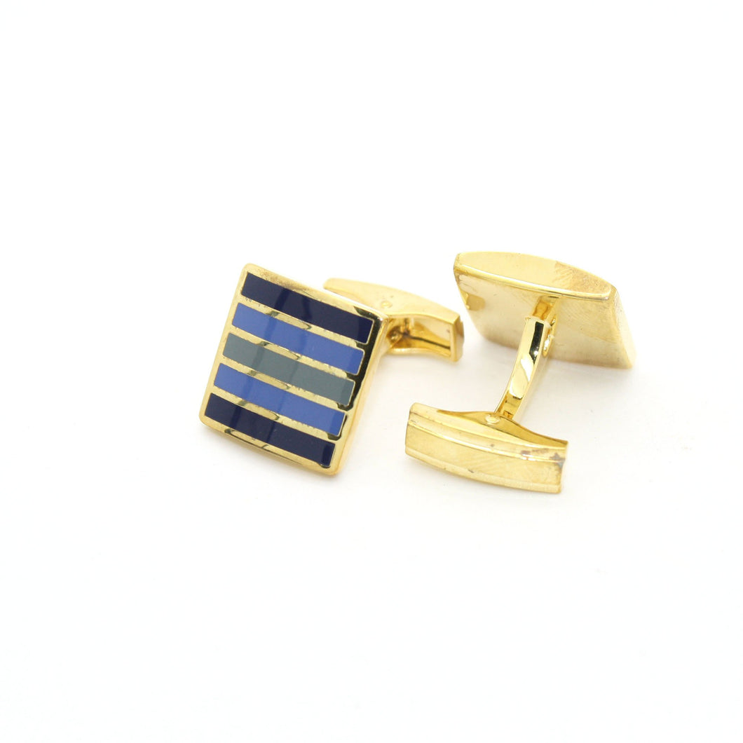 Goldtone Blue Stripe Cuff Links With Jewelry Box - Ferrecci USA 