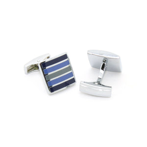 Silvertone Blue Stripe Cuff Links With Jewelry Box - Ferrecci USA 